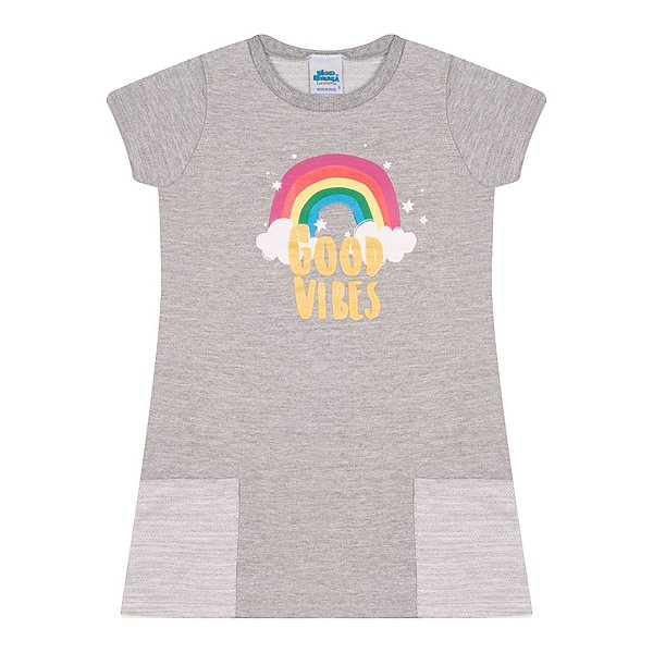 Vestido moletinho flamê cor mescla com bolso e estampa arco-íris