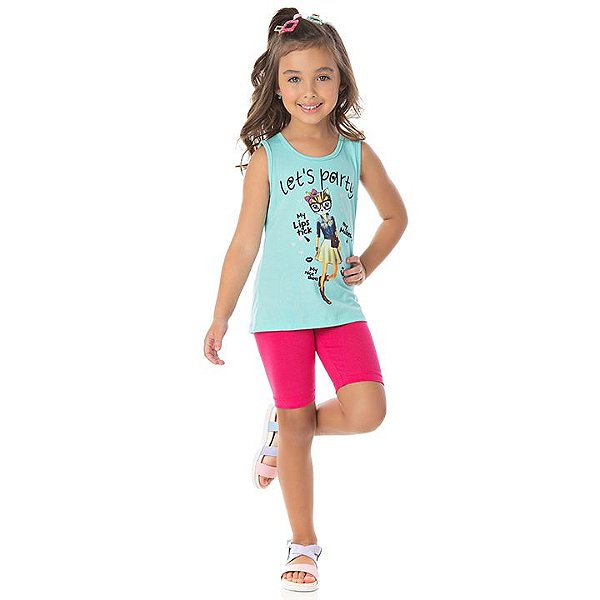 Conjunto em cotton cor verde água e pink