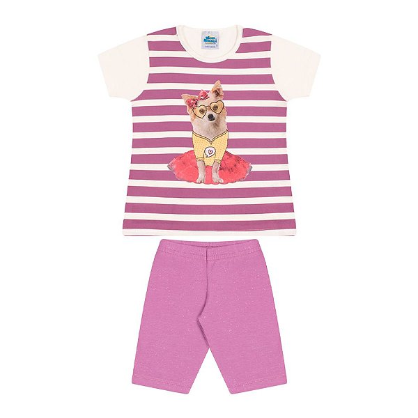Conjunto em cotton cor cru e uva com gliter na estampa