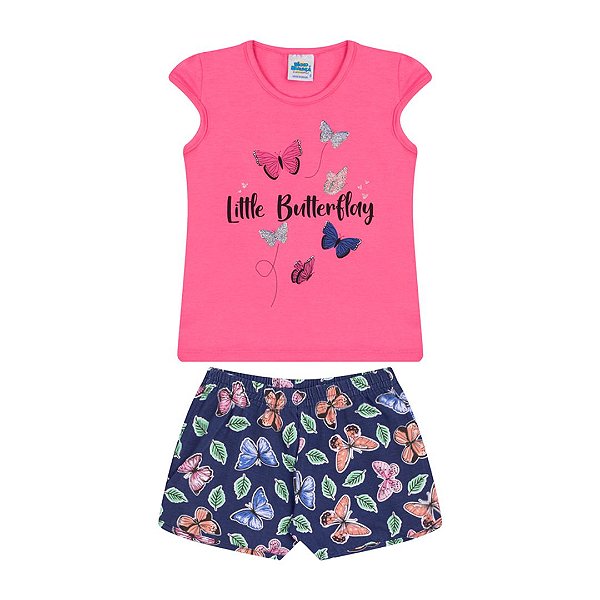 Conjunto cotton cor chiclete e marinho com glitter na estampa