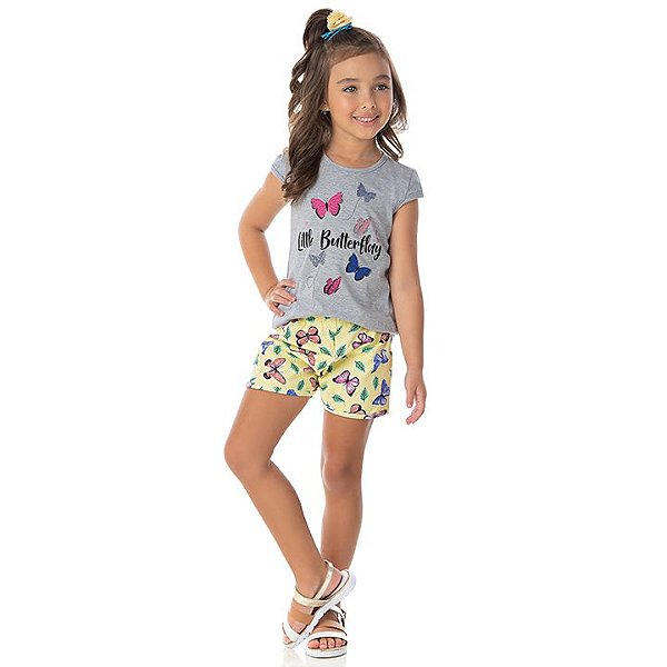 Conjunto cotton cor mescla e  amarelo com glitter na estampa