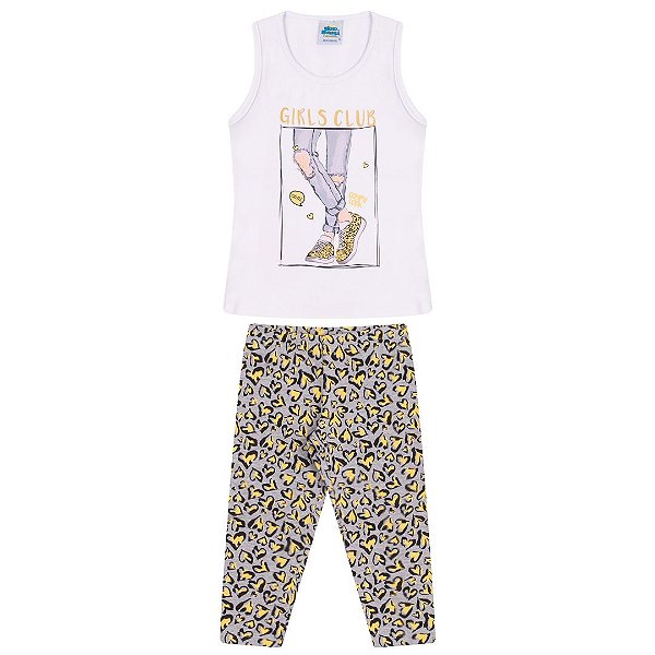 Conjunto em cotton cor branco e mescla com estampa