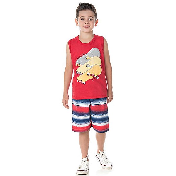 Conjunto em meia malha cor vermelho  e tactel estampado