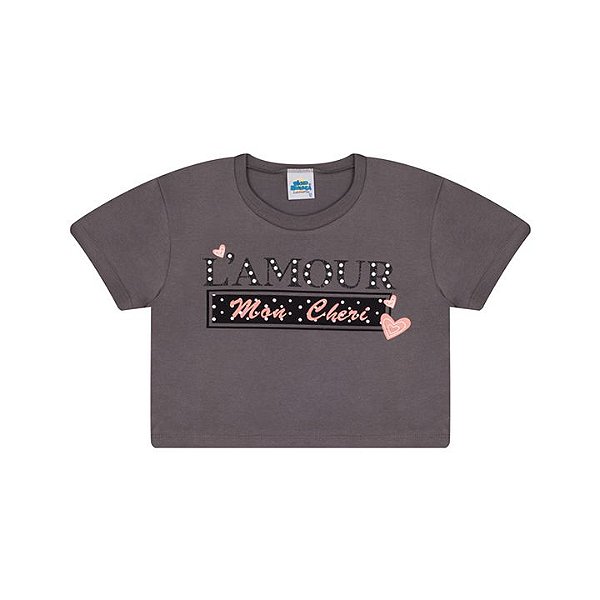 Cropped em meia malha cor cinza escuro com glitter na estampa
