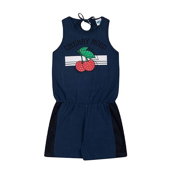 Macacão cotton cor marinho detalhe telinha e estampa de cereja