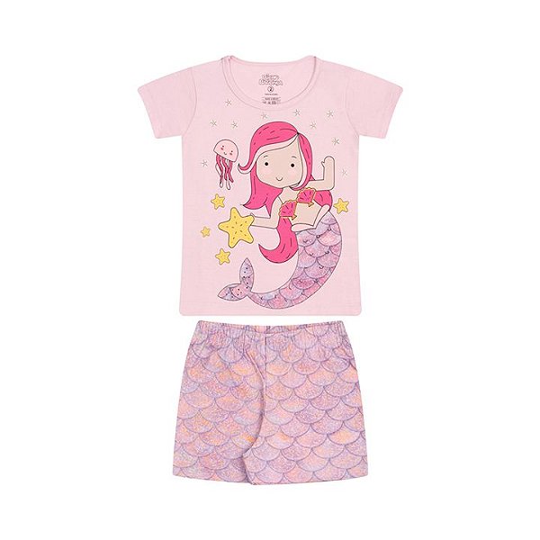 Pijama feminino em meia malha que brilha no escuro cor rosa bebê