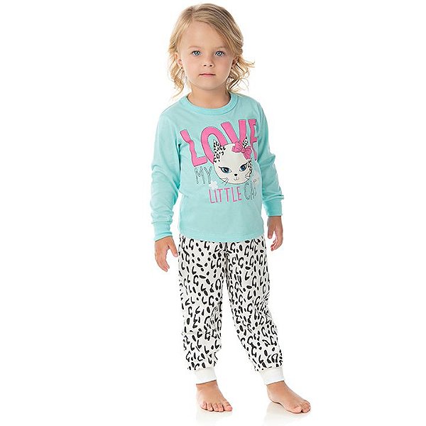 Pijama feminino manga longa brilha escuro cor verde água e cru