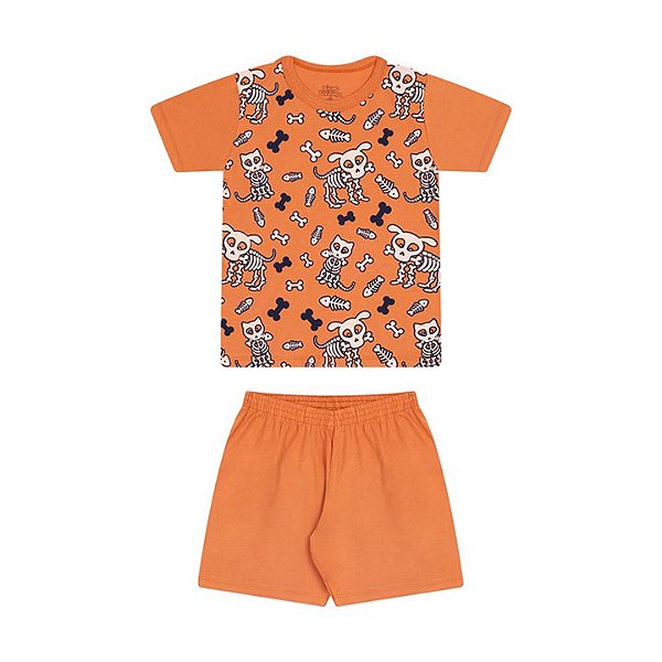 Pijama masculino meia malha brilha no escuro cor laranja queimado