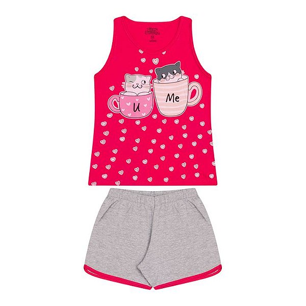 Pijama feminino meia malha que brilha no escuro cor pink e mescla