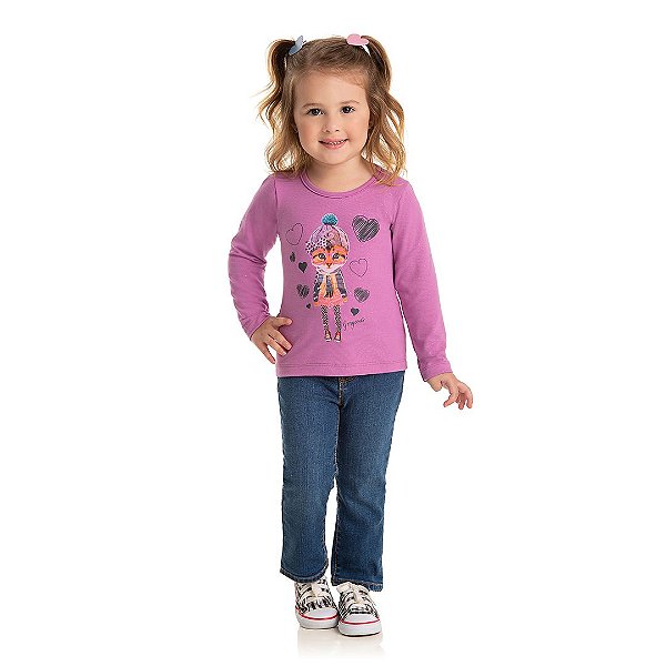 Blusa feminina manga comprida em cotton, estampa gatinha com glitter