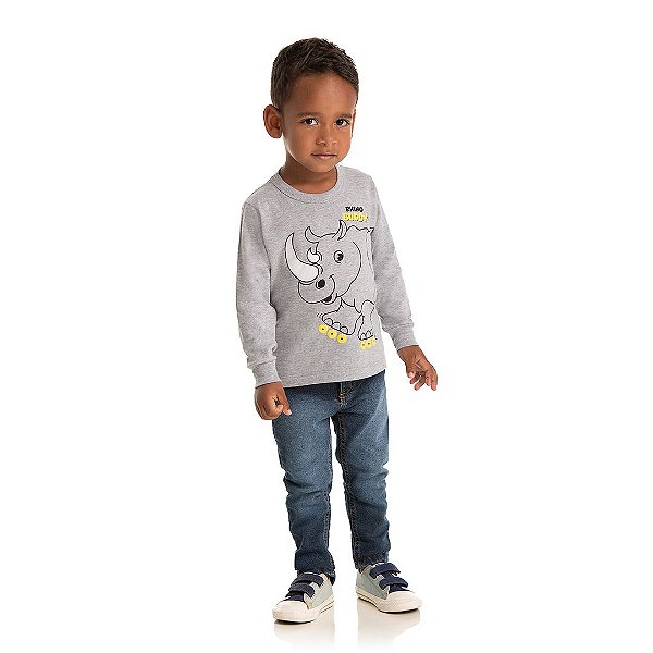 Camisa masculina manga comprida e estampa rinoceronte com puff