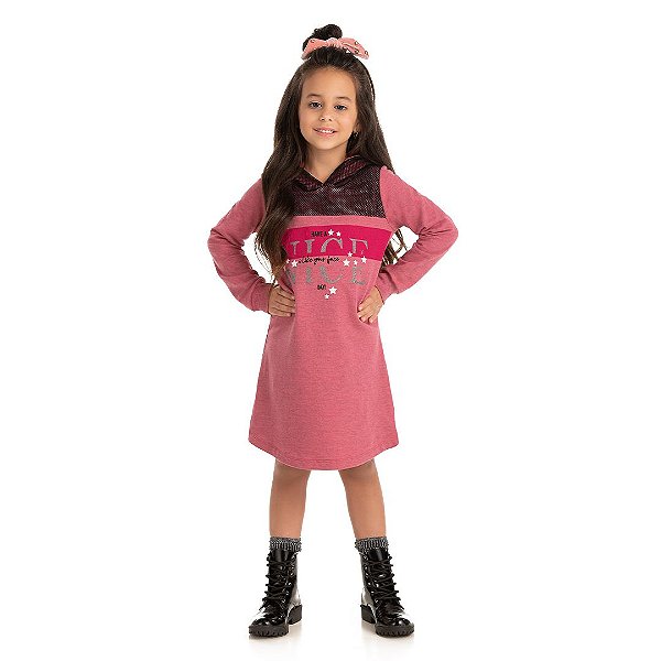 Vestido feminino em moletom flamê com telinha no recorte e no capuz