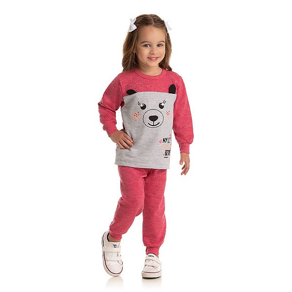 Conjunto feminino em moletom moulinê com aplique na estampa de urso