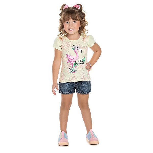 Blusa feminina em cotton, com manga franzido e estampa de Flamingo