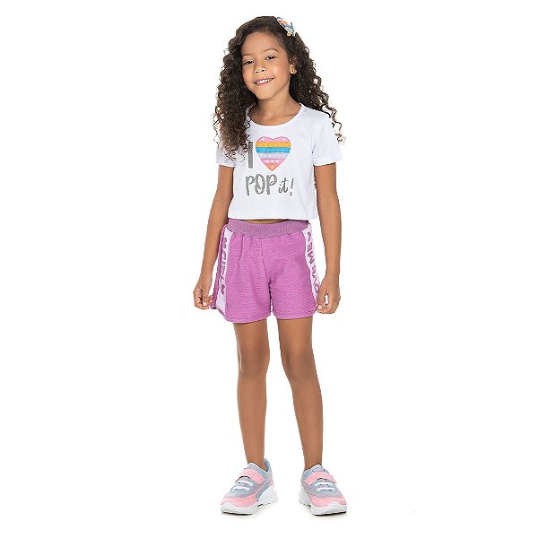 Conjunto feminino em meia malha e moletinho flamê, estampa popped