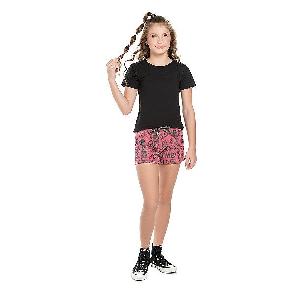 Shorts feminino em moletinho flamê, estampa Girls