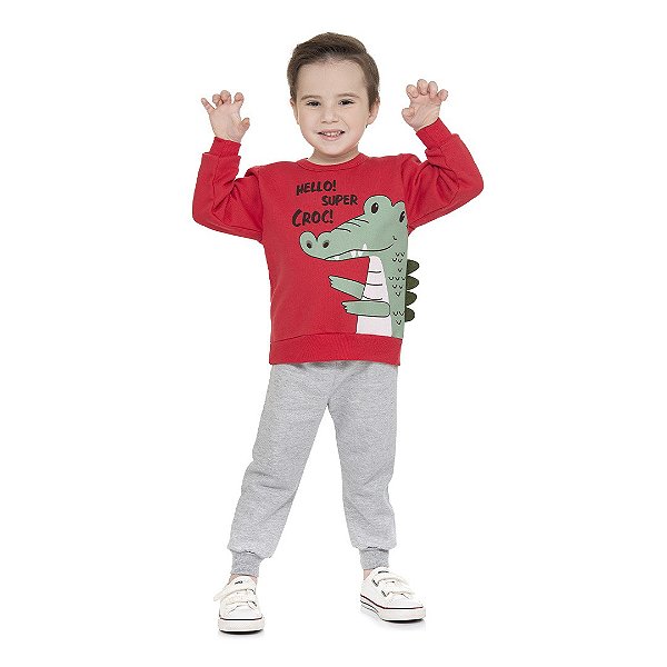 Conjunto masculino de moletom com aplique interativo de crocodilo
