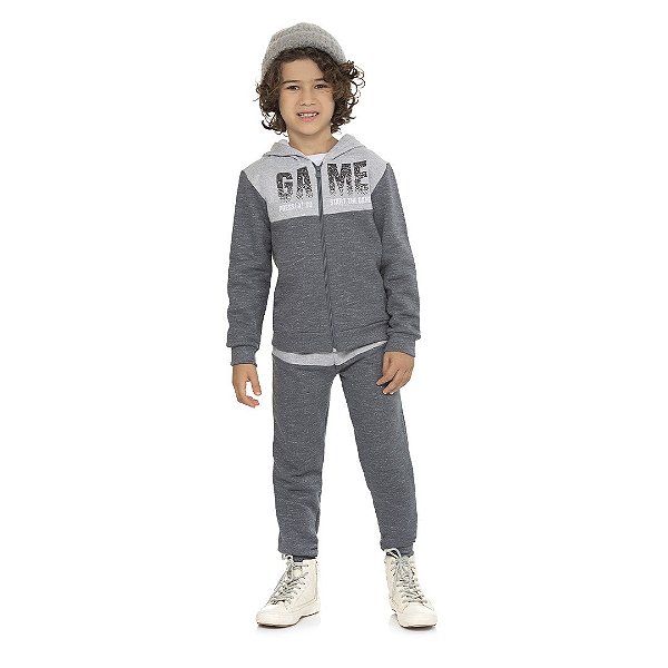 Conjunto masculino de moletom moulinê, com zíper e capuz