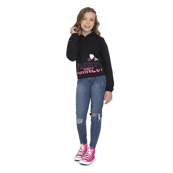 Casaco feminino de moletom com capuz e glitter na estampa