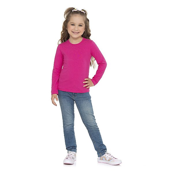 Blusa infantil feminina manga comprida, em cotton e sem estampa