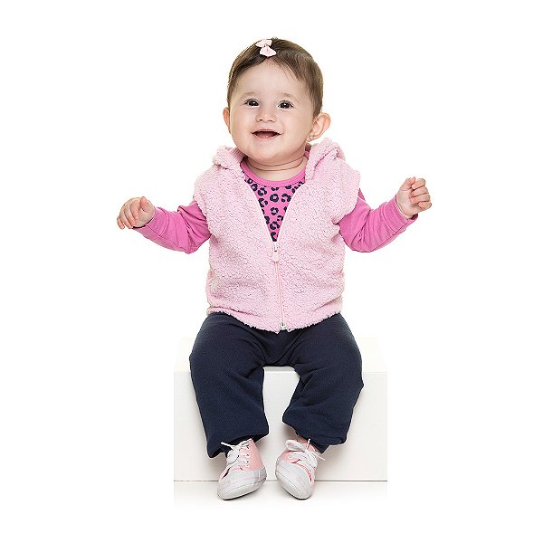 Conjunto de body bebê, calça e colete de pelo, estampa oncinha, 3 peças