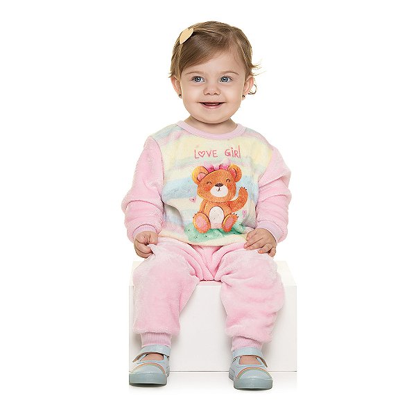 Conjunto bebê de pelo fleece com estampa de ursinha