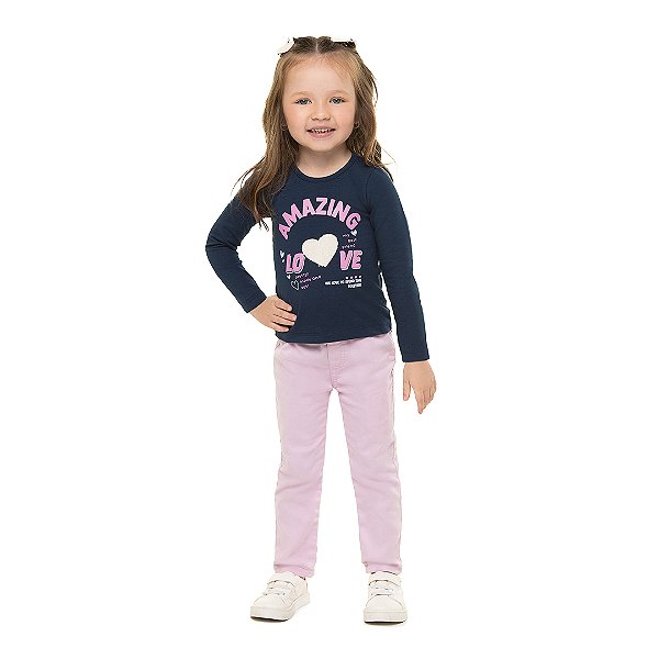Blusa feminina manga comprida em cotton, aplique de pêlo no coração