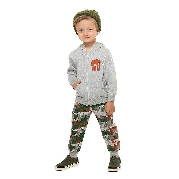 Conjunto masculino de moletom, ziper e capuz, estampa floresta