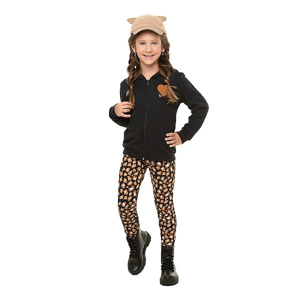 Conjunto feminino de moletom e molecotton, ziper e aplique de pelo