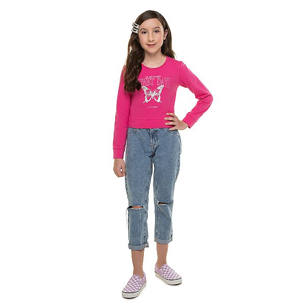 Blusa feminina manga comprida de cotton, foil na estampa borboleta
