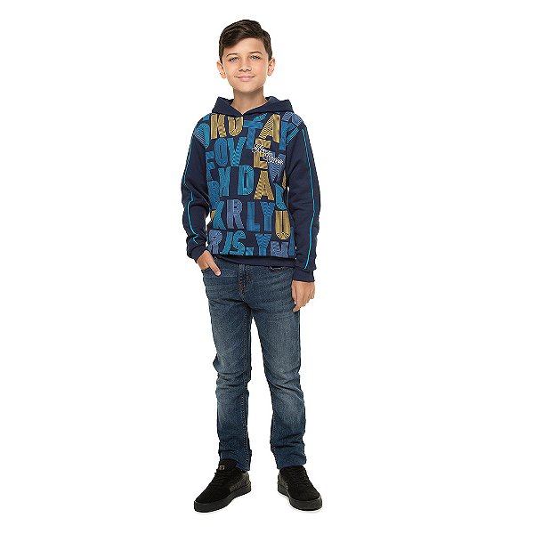Casaco masculino de moletom, com zíper, capuz e puff na estampa