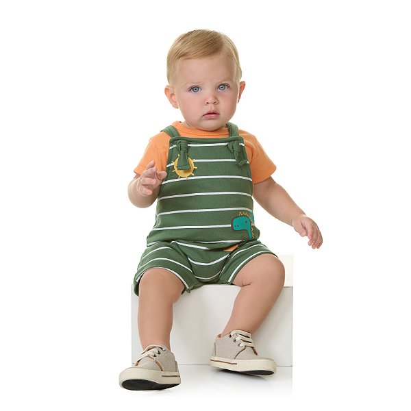 Conjunto jardineira masculino em moletinho e meia malha dino puff