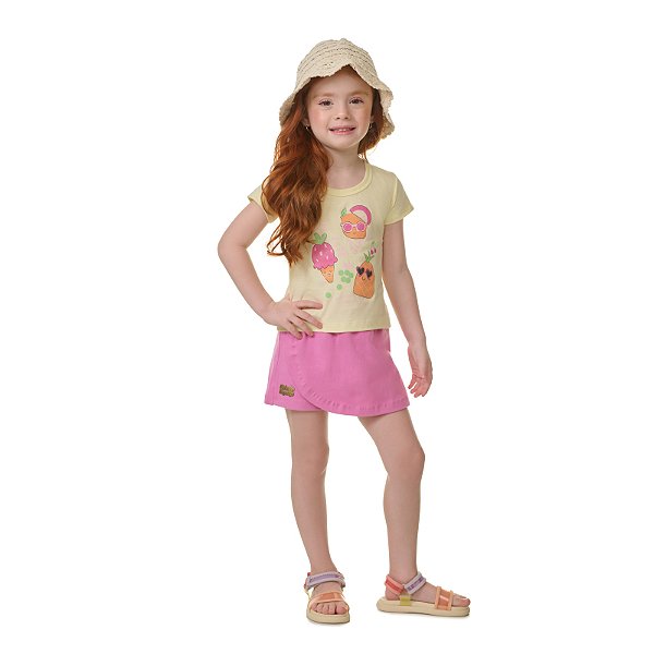 Conjunto feminino blusa e shorts saia em meia malha e cotton