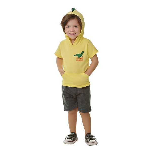 Conjunto masculino meia malha e moletinho moulinê com touca dino