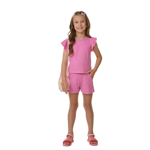 Conjunto feminino de malha poá com pérolas