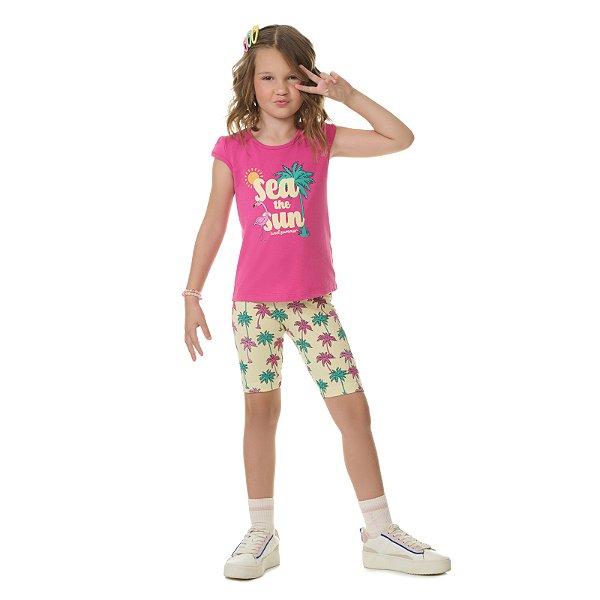 Conjunto feminino flamingo, em cotton, estampa com glitter