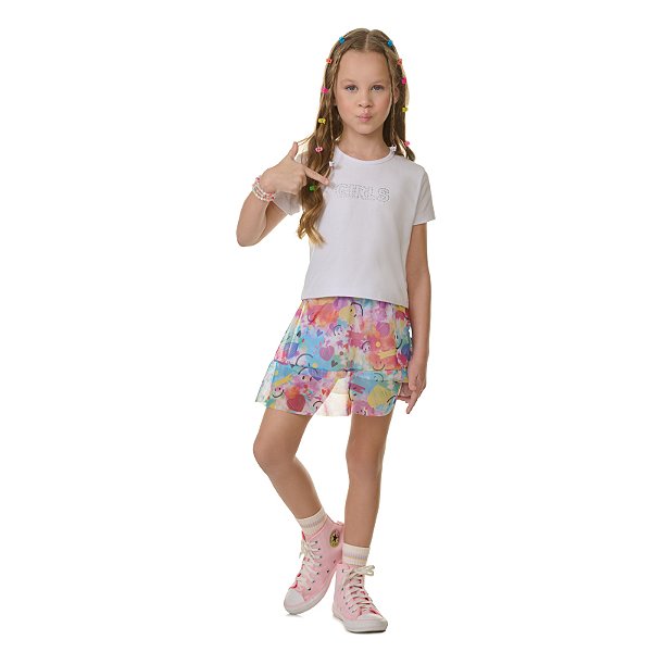 Conjunto feminino em cotton e telinha sublimada com strass