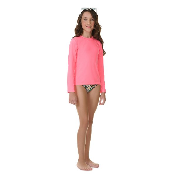 Blusa meninas com proteção UV, manga comprida e gola redonda