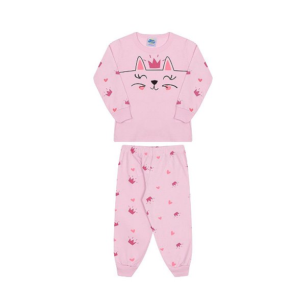 Pijama manga comprida, rosa bebê, estampa gato, brilha escuro