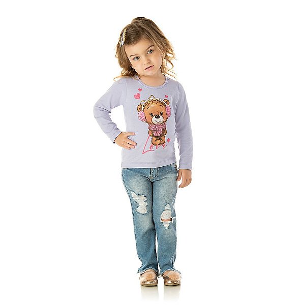 Blusa em cotton cor lavanda com estampa de ursinho
