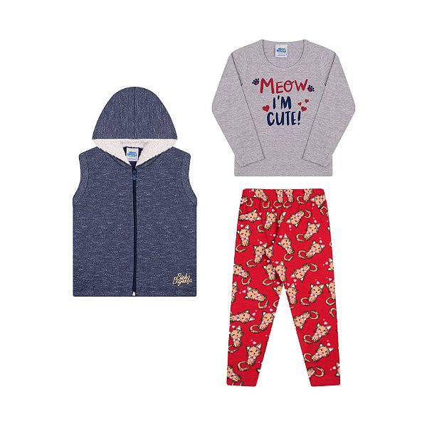 Conjunto com três peças em moletom moline e cotto mescla