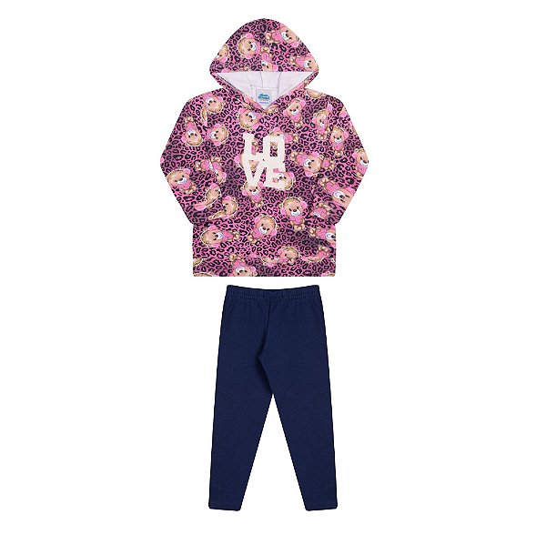Conjunto em molecotton suplex com capuz e aplique cor pink