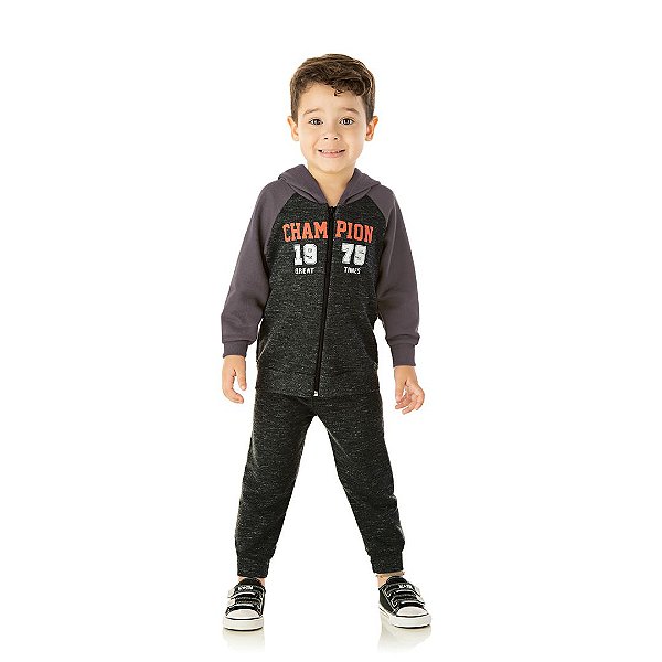 Conjunto em moletom moline preto com zíper e capuz