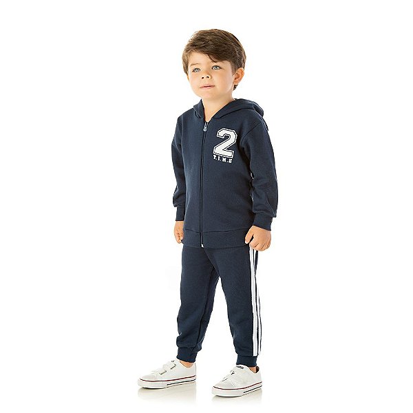 Conjunto para meninos na cor marinho com capuz. Moleton com zíper