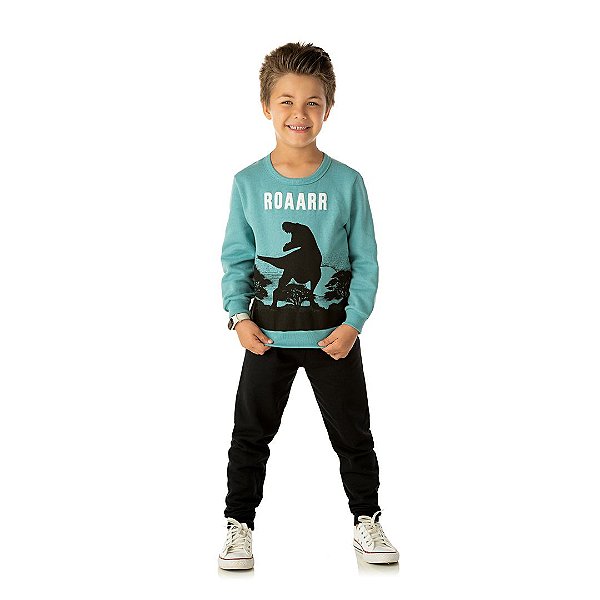 Conjunto em moletom cor verde outono com detalhes em puff