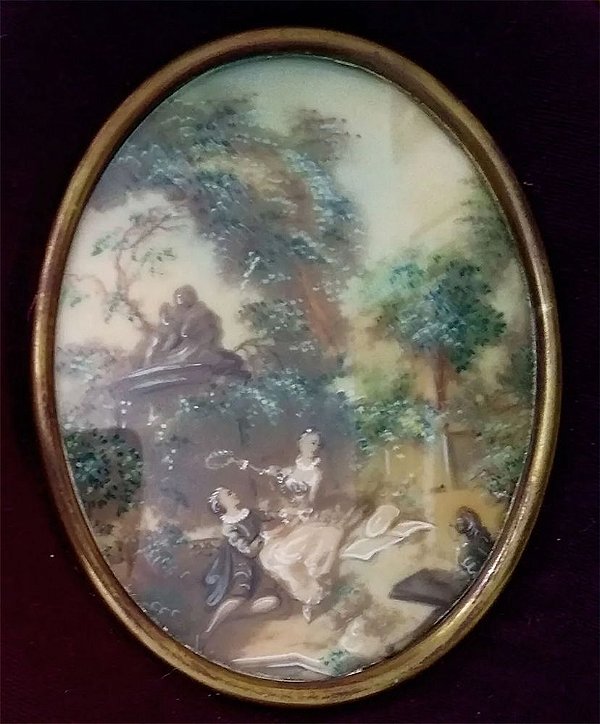 Antiga Pintura Miniatura Romântica, Casal, com Vidro Bombê Oval