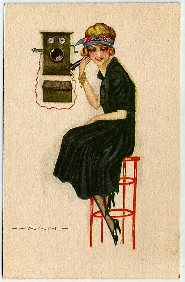 Cartão Postal Antigo Original 1920 - Ilustrado pelo Artista Nanni, Mulher ao Telefone,  Art Déco - Não Circulado
