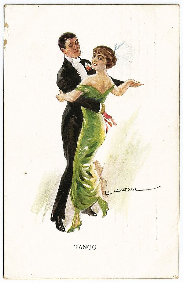 Cartão Postal Antigo Original Ilustrado - Tema Dança, Tango, Moda, Circulado em 1910