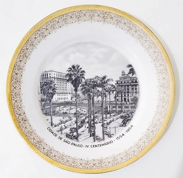 IV Centenário de São Paulo - Prato em Porcelana, Imagem do Viaduto do Chá, 23 cm