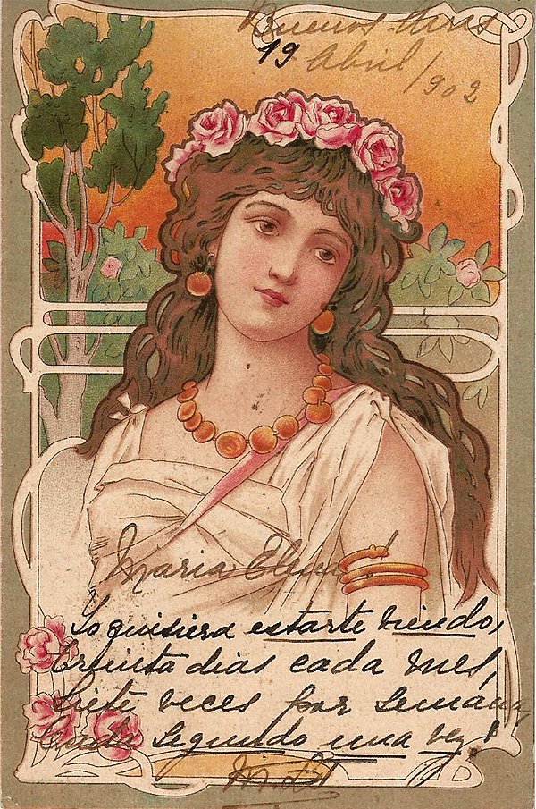 Cartão Postal Antigo Original, Art Nouveau Ilustrado, Figura Romântica  de Mulher, Circulado em 1902